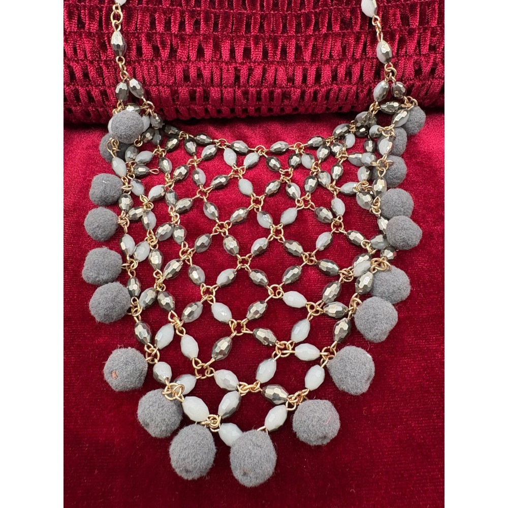 Boho Gold Tone Grey Pom Pom Beaded Bib Statement Necklace Adjustable